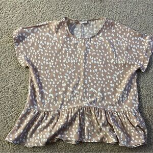 Size large women's tan and white boho style ruffle blouse with dots/animal print